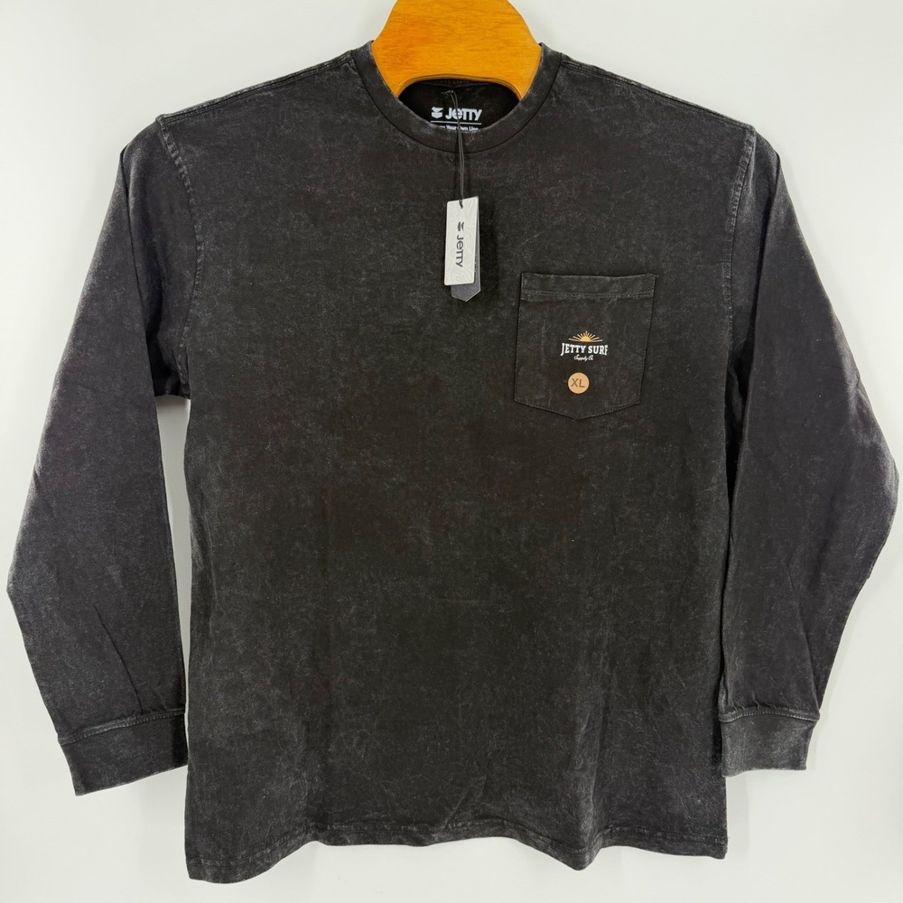 Jetty‎ Surf Supply Co Mens XL Long Sleeve Pocket T-Shirt Mineral Wash Black NWT